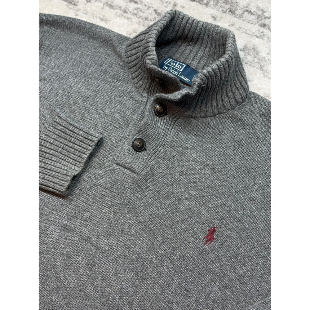 Polo Ralph Lauren Sweater Mens XL Gray Button Mock Neck Cotton Knit Pullover